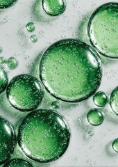 Bubbles in soft green oil background medication abstract.