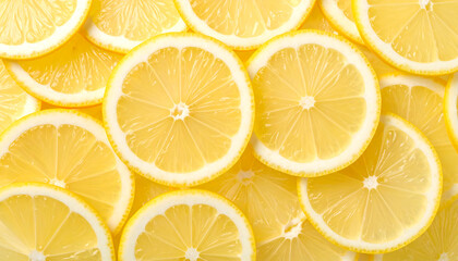 Vibrant Overhead Shot of Juicy Lemon Slices, Bright Yellow, Zesty and Refreshing, Perfect for Summer Themes, Food and Beverage Advertising.