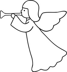 Christmas angel outline vector Isolated.
Cute Christmas angel holding a trumpet outline.
simple holidays angel line. 
Transparent background. svg.
