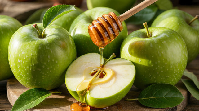 Fresh green apples with honey drizzle on wooden table, Rosh Hashanah celebration