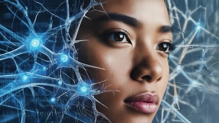 Neuron cells forming a network over a woman's face, with binary code in the background, symbolizing the connection between human intelligence and artificial intelligence - Powered by Adobe