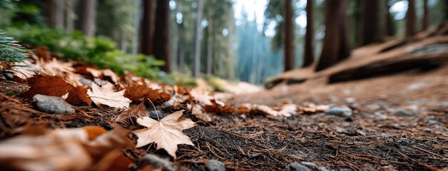 Obraz premium Macro view highlights the rich brown and orange hues of fallen autumn leaves in a tranquil forest, emphasizing nature's captivating beauty