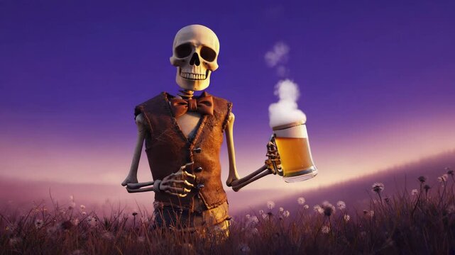 Cartoon skeleton wearing a leather vest and bow tie, holding a cold beer and gesturing with its free hand in a field of dandelions at dusk under a purple sky