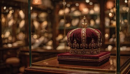 Ornate crown displayed in a glass case