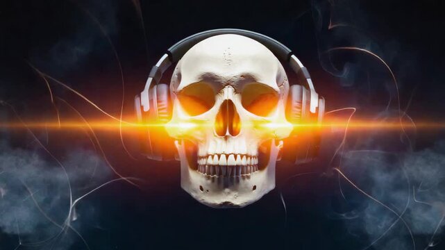 Human skull wearing headphones is enjoying music loudly, with ears exploding and bright orange light beams coming from the eyes, creating a funny and surreal atmosphere