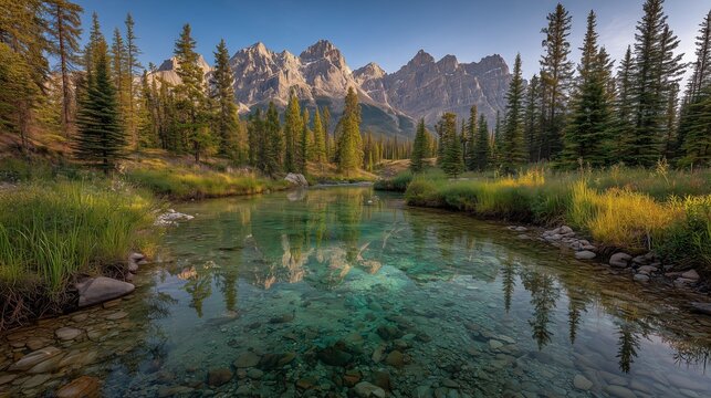 Canadian Rockies, mountain lake, crystal clear water, snow-capped peaks, evergreen forest, morning light, calm reflection, alpine landscape, natural beauty, pristine wilderness, tranquil lake, mountai