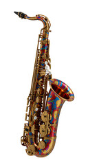 Naklejka premium A close-up shot of a stunning saxophone, a symbol of musical elegance and sophistication, with its brass body gleaming