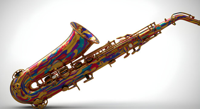 A colorful saxophone, with its intricate design and shiny surface, is a sight to behold. The instrument's various components are highlighted by a medley of vibrant colors
