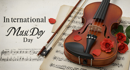 Fototapeta premium A captivating image featuring a violin, bow, and sheet music, perfect for International Music Day celebration, adorned with red roses