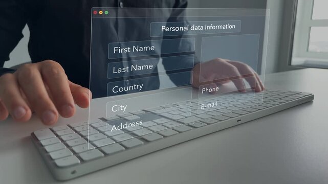 Personal data information management. Digital online employee form. Human resource concept.	Business person filling out a form with personal data online. 