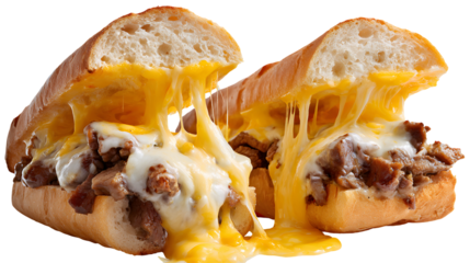 An irresistible Philly cheesesteak with a gooey, decadent cheese pull from rich cheese sauce. A mouth-watering, isolated shot perfect for social media ads.