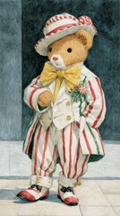 Obraz premium Cute vintage teddy bear in striped suit and candy cane hat – Christmas illustration.
