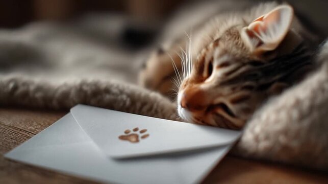 Cat birthday sleepy kitten resting near paw print cushion indoors