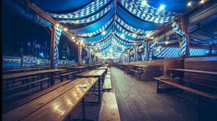 Fototapeta premium Oktoberfest autumn German festival of beer. Banner concept in traditional blue colors. Bavarian traditional fall alcohol fair design.