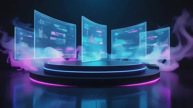 Futuristic circular podium featuring glowing neon lights and transparent curved screens displaying data, surrounded by colorful smoke in a dark, high-tech environment