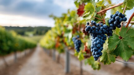 Rows of green grapevines bear clusters of ripe dark grapes, reflecting the warm light of the evening sky in a tranquil vineyard setting