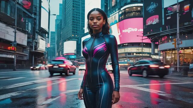 Confident superhero standing in the middle of times square, new york city, wearing a futuristic suit, with blurred cars and illuminated billboards in the background