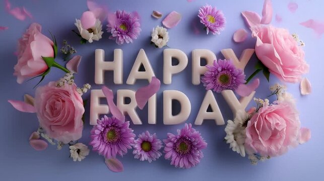 Happy friday celebration with colorful flowers and cheerful text