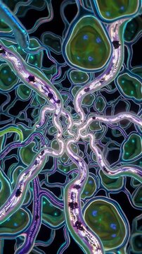 Bioluminescent neural network forming complex connections, creating a mesmerizing spectacle in the vast expanse of deep space, ideal for science fiction or technology related projects