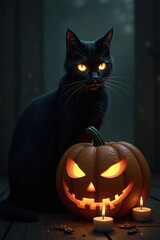 Black Cat with Glowing Eyes beside Pumpkin and Candles