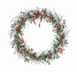 Watercolor Christmas wreath with red berries, 
eucalyptus, fir branches , herbs and bow.	Christmas decor. Digital illustration.