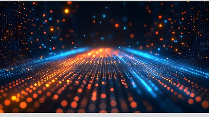 Dynamic digital data stream flows with vibrant orange and blue lights