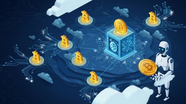 Isometric illustration of a robot holding a bitcoin in a cryptocurrency network