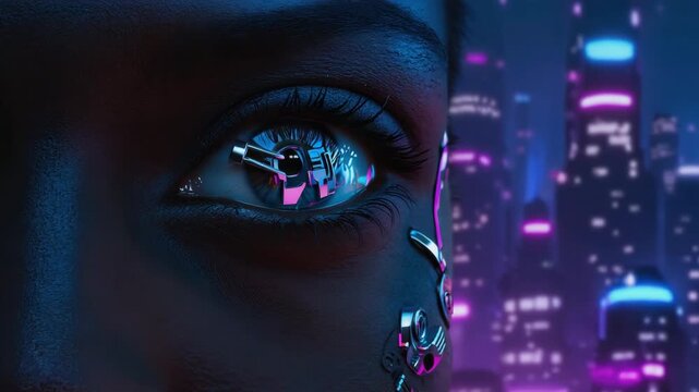 Close-up of a cyberpunk woman's face featuring a futuristic bionic eye implant reflecting the vibrant neon lights of a sprawling metropolis, showcasing advanced technology and transhumanism themes
