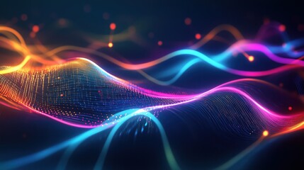 Fototapeta premium Iridescent wave pattern in neon blue, pink, orange. Futuristic 2000s, holographic glow, fluid design. Digital art, banners, summer visuals, modern 90s, 2000s, Y2K creative banner.