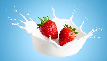 Two fresh strawberries splashing into milk with dynamic arcs and droplets on light blue background.