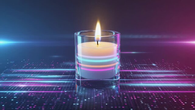 Single burning candle in a glass container sits on a vibrant, futuristic neon background, creating a striking contrast between traditional and modern elements - Powered by Adobe