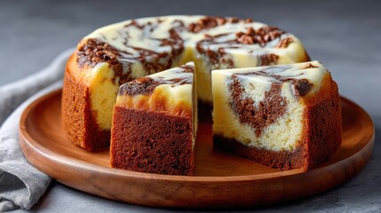 Close-up of a marbled chocolate-vanilla cake on wood, showcasing its soft texture and swirls in warm light