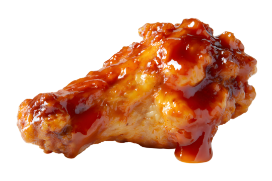 A close-up of a single, saucy chicken wing coated in a thick, glossy glaze. A mouth-watering, isolated shot perfect for showcasing menu flavors.