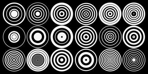 A collection of twelve circular graphic elements, set against a black background. Each element is composed of radiating, concentric, thin, white lines forming various circular and spiral patterns. Som