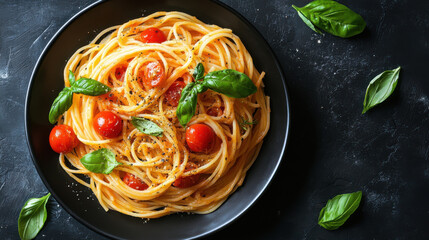 Spaghetti pasta with meatballs in tomato sauce with parsley in frying pan, dark table background, top view