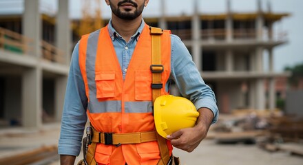 A construction worker in an orange vest holds a yellow hard hat Construction site background