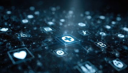 Digital health network. Abstract graphic of interconnected medical icons