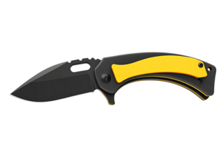Compact folding pocket knife with black blade and yellow handle isolated on transparent background