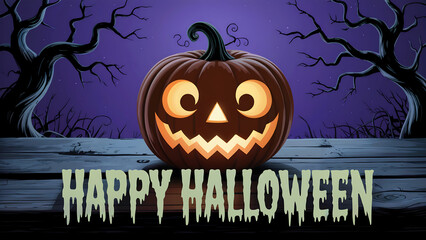 Halloween background with pumpkin. Happy Halloween greeting with smiling Jack-o'-Lantern and spooky trees.