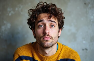 Woman with curly hair and a puzzled expression wearing a yellow sweater with navy stripes