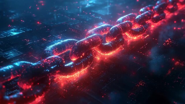 A mesmerizing display of glowing chains intertwined in a futuristic digital setting captivates the viewer, showcasing the blend of innovation and artistry. - Powered by Adobe