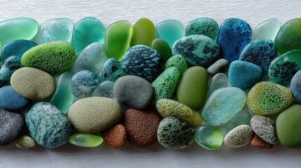Colorful Sea Glass Stones Arranged on White Wooden Background for Coastal Decor and Nature - Inspired Design