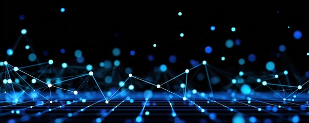 Glowing Blue Concept Dynamic Digital Connections in an Abstract Dark Virtual Space with Panoramic Design