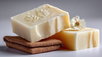 Natural Handmade Soap with Floral Embossing and Flower Accent on Burlap for Bath and Beauty