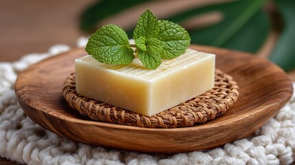 Mint Scented Artisanal Soap on Wooden Plate for Spa and Bath Decor
