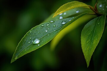 Closeup Of Green Leaves With Dew Drops