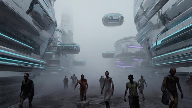 Group of zombies wandering through a foggy street in a futuristic city, surrounded by flying cars and advanced technology, creating an eerie and dystopian atmosphere in digital illustration
