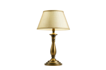 Vintage brass table lamp with ornate lampshade isolated on transparent background. Elegant vintage table lamp with Shade isolated on white background.