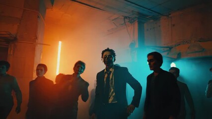 Friends wearing creepy masks and elegant suits are dancing joyfully in a foggy, colorful environment, celebrating halloween together with excitement and a festive atmosphere