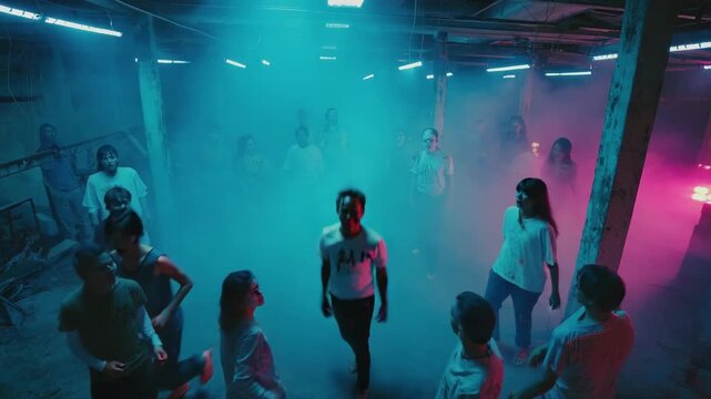 Young man levitating in a smoky room illuminated by vibrant blue and pink lights, surrounded by dancers moving energetically, creating a surreal and captivating atmosphere